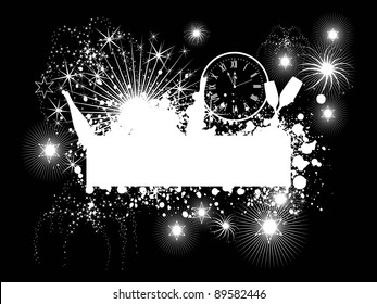 clock & party elements like shiny stars, wine glass & champage bottle with firework on grungy background for New Year & other occasions.