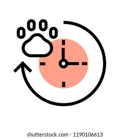 Clock with paw icon and around arrow vector illustration in flat outline design