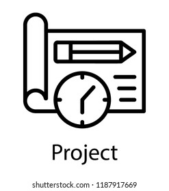 Clock and pencil embedded over paper draft symbolising project icon 