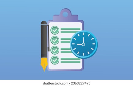 Clock und Stift eingebettet auf Papier Entwurf symbolisiert Projektsymbol.auf blauem Hintergrund.Vector Design Illustration.