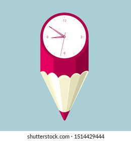 Clock and pencil. Isolated on blue background.