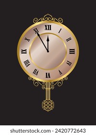 Clock with Pendulum. Rose Gold, Pink Metal, Element, Ornament, Decoration. Vintage, Classic, Modern, Elegant, Luxury