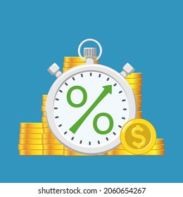 Clock with a percent sign and money dollar. Bank interest on a loan. Vector illustration.