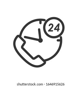 Reloj con teléfono fijo en línea delgada. Concepto de tiempo de trabajo. Concepto de servicio. Ilustración vectorial. Icono de Reloj lineal.