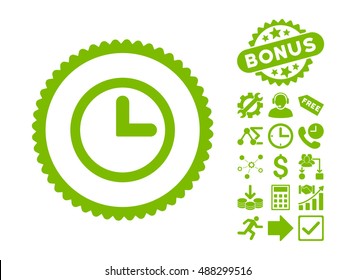 Clock pictograph with bonus pictograph collection. Vector illustration style is flat iconic symbols, eco green color, white background.