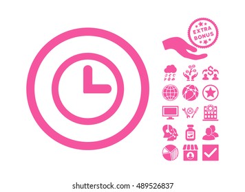 Clock pictograph with bonus pictograph collection. Vector illustration style is flat iconic symbols, pink color, white background.