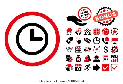 Clock pictograph with bonus design elements. Vector illustration style is flat iconic bicolor symbols, intensive red and black colors, white background.