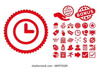 Clock pictograph with bonus images. Vector illustration style is flat iconic symbols, red color, white background.