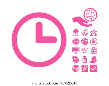 Clock pictograph with bonus symbols. Vector illustration style is flat iconic symbols, pink color, white background.