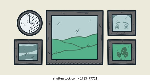 clock and pictures engraved illustration