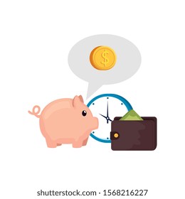clock with piggy bank and wallet vector illustration design