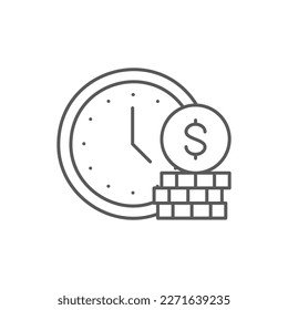 Clock with pile of coins, time is money, easy instant credit, fast money lineal icon. Time management symbol design.