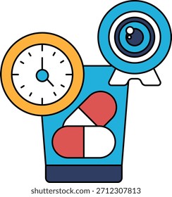 Um relógio e uma garrafa de pílula são mostrados em um copo. O relógio está ajustado às 12:00 e a garrafa de pílula está cheia. Conceito de tomar medicação em um momento específico