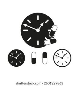Clock and pill icon. Medicine time symbol. Healthcare reminder graphic. Black vector set.