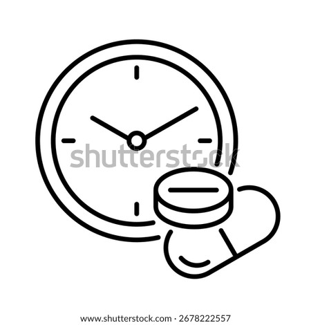 Clock and pill line icon. Time to take medication symbol. Treatment schedule, prescription reminder, drug timing, healthcare. Dosage management and medical adherence for patients. Vector illustration.