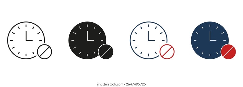 Clock With Pill Line And Solid Icon Set. Medication Timing, Dosage Schedule, And Prescription Management Symbol Collection. Healthcare And Pharmaceutical Reminder. Isolated Vector Illustration.
