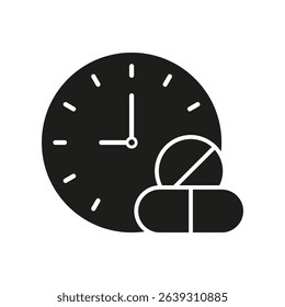 Clock With Pills Solid Icon. Medication Timing, Dosage Schedule, And Prescription Management Silhouette Symbol. Healthcare And Treatment Planning. Isolated Vector Illustration.