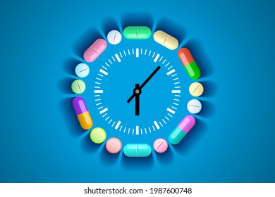 Clock and pills and tablets around it. Concept of taking medications by time, treatment schedule. Healthcare and medical concept