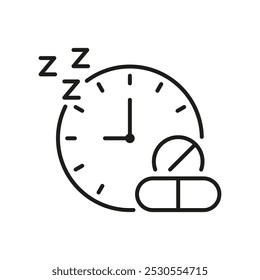 Clock With Pills And ZZZ Line Icon. Sleep Medication Concept Outline Symbol. Bedtime Medication Reminder Editable Stroke. Isolated Vector Illustration.