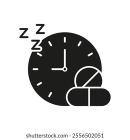 Clock With Pills And ZZZ Silhouette Icon. Sleep Medication Concept Glyph Symbol. Bedtime Medication Reminder. Isolated Vector Illustration.