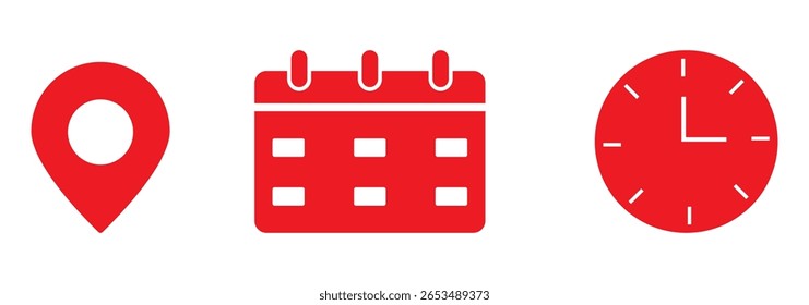  Reloj, ubicación de mapa de pin y signos de calendario establecidos