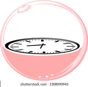 Clock in a pink bubble ball. photo frame with curved background Is a time tunnel vector, for background or text input or image objects