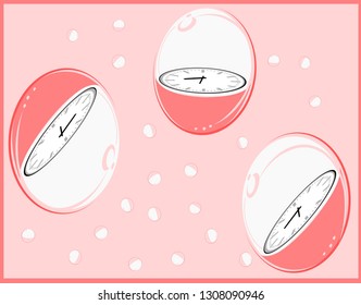 Clock in a pink bubble ball. photo frame with curved background Is a time tunnel vector, for background or text input or image objects