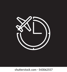 Clock and plane line icon, outline vector sign, linear white pictogram isolated on black. Flight status symbol, logo illustration