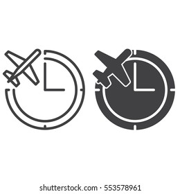 Clock and plane line icon, outline and filled vector sign, linear and full pictogram isolated on white. Flight status symbol, logo illustration