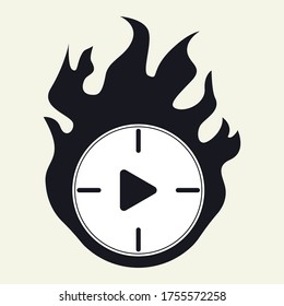 The clock with play button and fire silhoutte vector. Deadline, spirit concept
