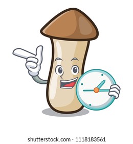 With clock pleurotus erynggi mushroom character cartoon