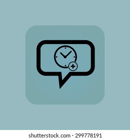 Clock and plus in chat bubble, in square, on pale blue background