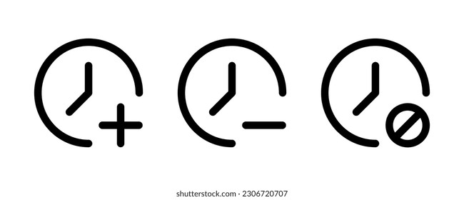 Clock with plus minus and forbidden sign line icon. Clipart image isolated on white background