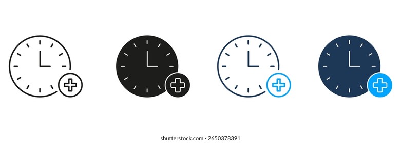 Relógio Com Linha De Sinal De Adição E Conjunto De Ícones Sólidos. Coleção De Símbolos De Adição De Gerenciamento De Tempo, Agendamento E Compromisso. Planejamento E Organização Eficientes. Ilustração de vetor isolada.
