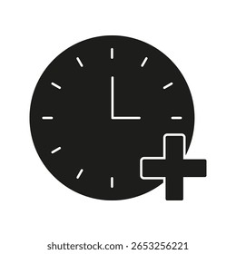 Relógio Com Ícone Sólido Sinal De Adição. Símbolo De Silhueta De Gerenciamento De Tempo, Adição De Agendamento E Extensão De Prazo. Produtividade E Planejamento. Ilustração de vetor isolada.