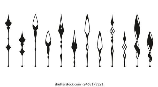 Clock pointer arrows. Black silhouette chronometer elements. Clock arms set. Watch hands, isolated time pointers. Vector cartoon illustration