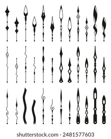 Clock pointer arrows. Black silhouette chronometer elements. Clock arms set. Watch hands, isolated time pointers. Vector cartoon illustration