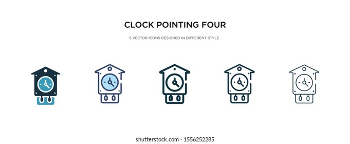 clock pointing four o'clock icon in different style vector illustration. two colored and black clock pointing four o'clock vector icons designed in filled, outline, line and stroke style can be used