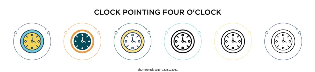 Clock pointing four o'clock icon in filled, thin line, outline and stroke style. Vector illustration of two colored and black clock pointing four o'clock vector icons designs can be used for mobile, 