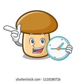 With clock porcini mushroom character cartoon