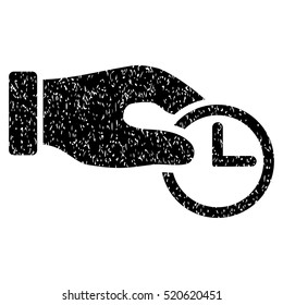 Clock Properties grainy textured icon for overlay watermark stamps. Flat symbol with dust texture. Dotted vector black ink rubber seal stamp with grunge design on a white background.