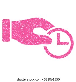 Clock Properties grainy textured icon for overlay watermark stamps. Flat symbol with dust texture. Dotted vector pink ink rubber seal stamp with grunge design on a white background.
