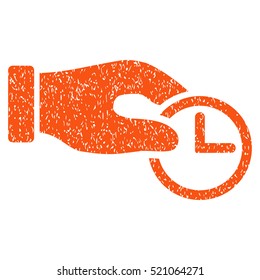 Clock Properties grainy textured icon for overlay watermark stamps. Flat symbol with dirty texture. Dotted vector orange ink rubber seal stamp with grunge design on a white background.