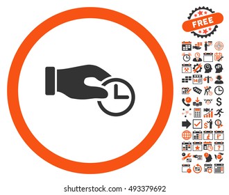Clock Properties Hand pictograph with bonus calendar and time management graphic icons. Vector illustration style is flat iconic bicolor symbols, orange and gray colors, white background.