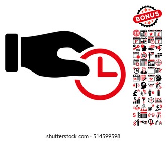 Clock Properties Hand pictograph with bonus calendar and time management pictures. Vector illustration style is flat iconic bicolor symbols, intensive red and black colors, white background.
