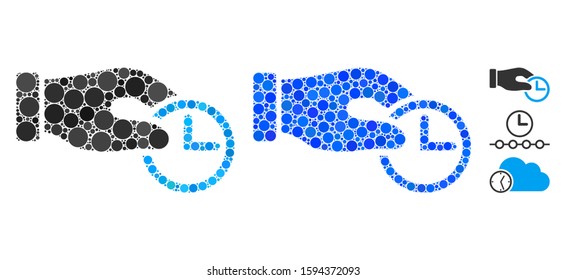 Clock properties mosaic of filled circles in different sizes and color hues, based on clock properties icon. Vector filled circles are grouped into blue mosaic.