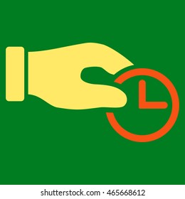 Clock Properties vector icon. Style is bicolor flat symbol, orange and yellow colors, rounded angles, green background.