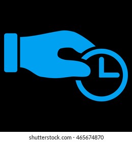 Clock Properties vector icon. Style is flat symbol, blue color, rounded angles, black background.