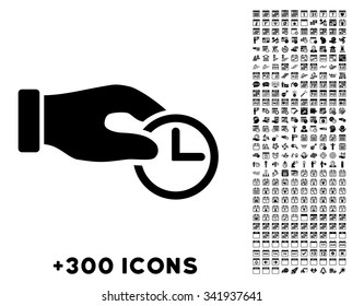 Clock Properties vector pictogram with additional 300 date and time management icons. Style is flat symbols, black color, rounded angles, white background.