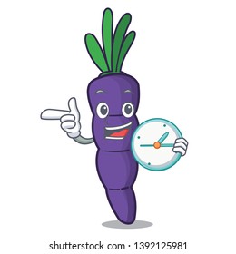 With clock purple carrot in a cartoon basket